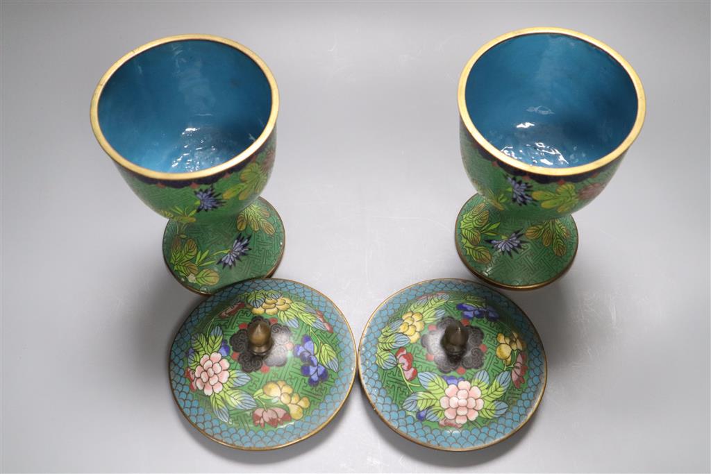 A pair of cloisonne enamel lidded cups, 22cm incl. covers